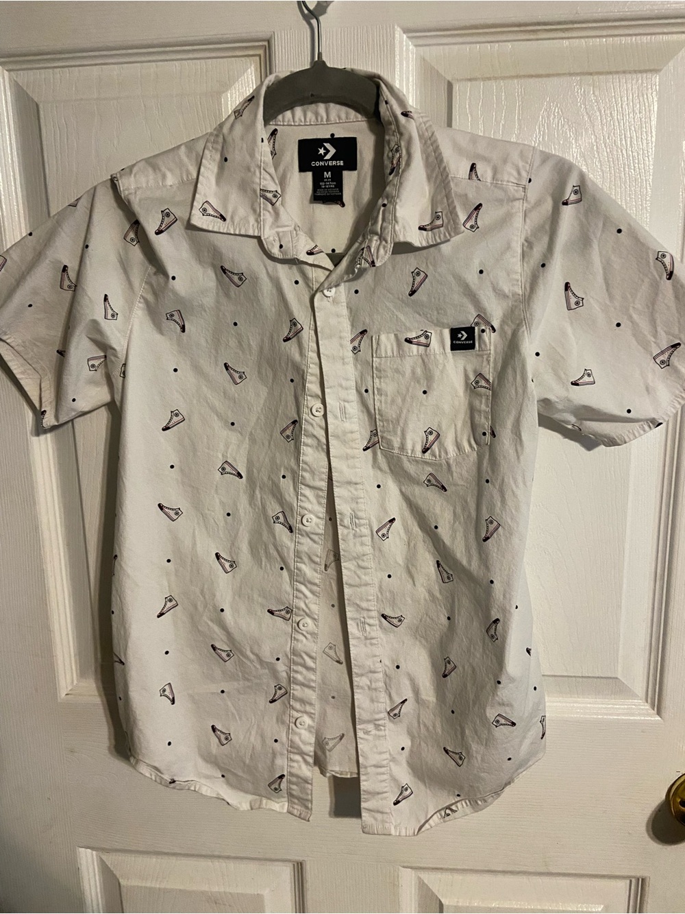 Converse White Short-Sleeve Button-Up Shirt with Sneaker Print